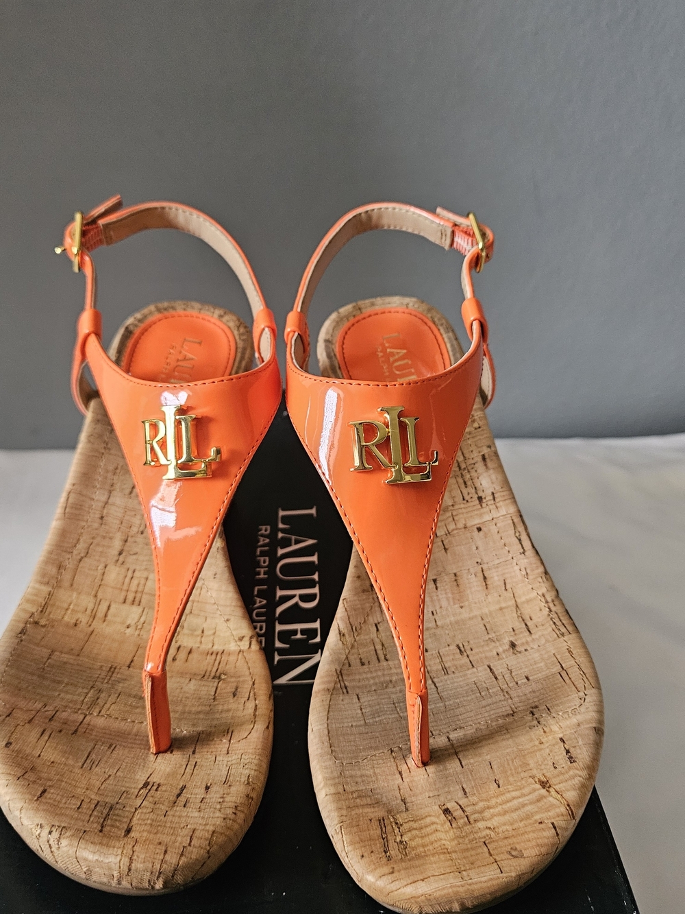 Ralph Lauren Orange Patent Thong Sandals with Gold RLL Emblem